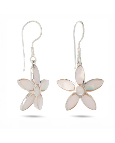 Boucles d'oreille Fleur Nacre blanche véritable Argent massif 925