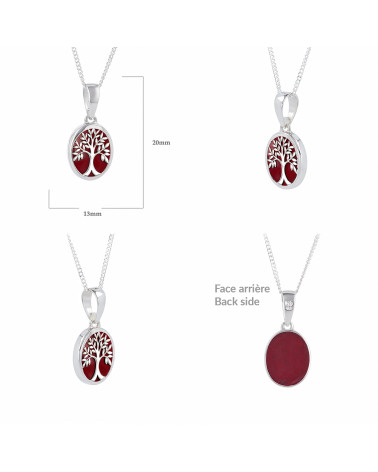 Pendentif Arbre de Vie en Corail Rouge et Argent 925 - Chaine Argent Incluse