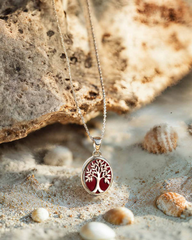 Tree of Life Pendant in Red Coral and Rhodium-Plated 925 Silver - Oval