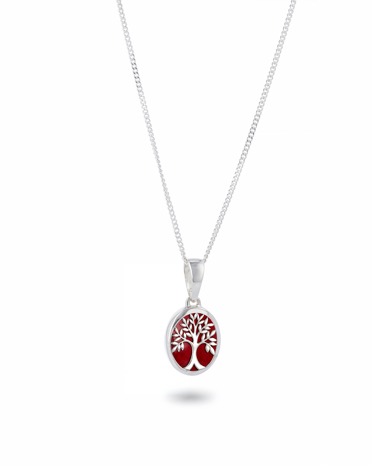 Tree of Life Pendant in Red Coral and Rhodium-Plated 925 Silver - Oval