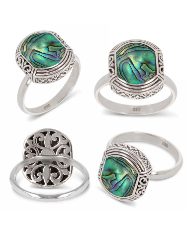 Bague ethnique nacre abalone sertie argent 925