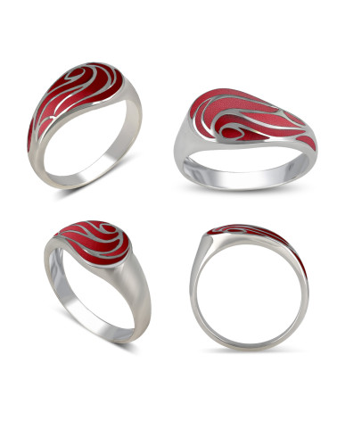 Collection Nerida - Bague en argent avec motif vague et corail rouge sous différents angles