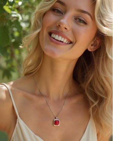 Marine-Eleganz Anhänger getragen - Rote Korallen-Schmuck am Dekolleté - Zeitgenössischer Schicker Stil