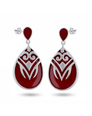 Boucles d'Oreilles en Corail Rouge et Argent 925 - Motifs Incas