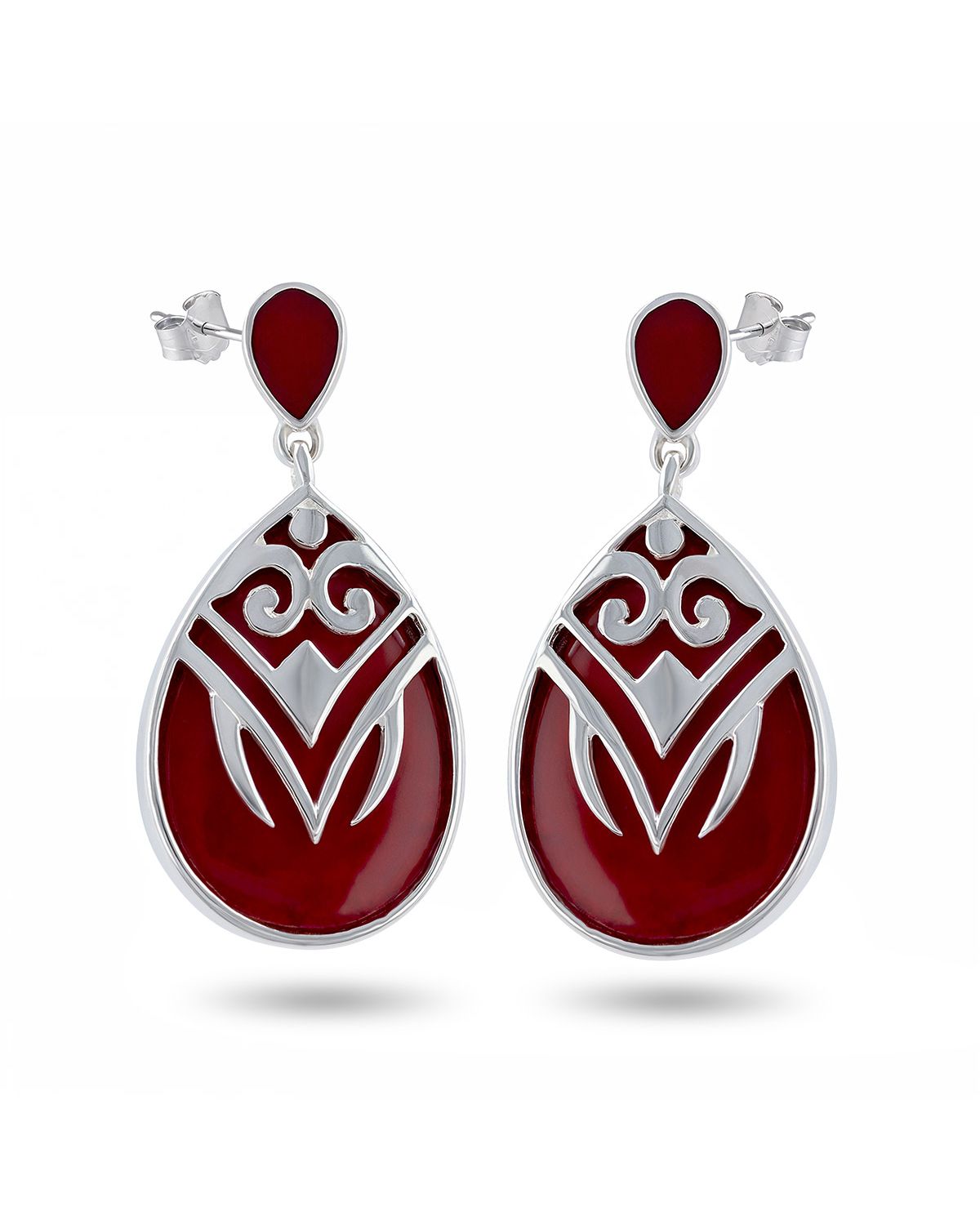 Boucles d'Oreilles en Corail Rouge et Argent 925 - Motifs Incas