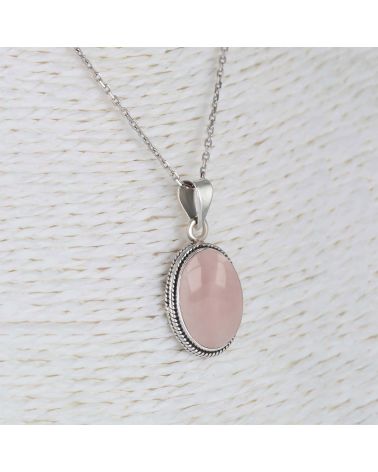 925 Sterling Silver Pink Quartz oval Shape Pendant
