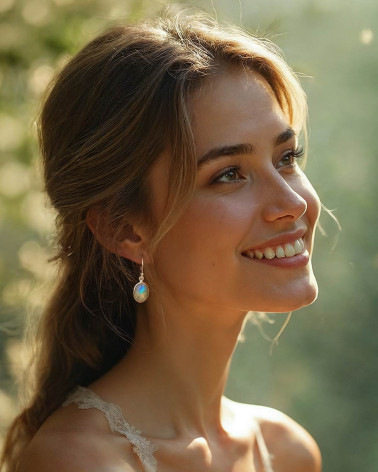 Élégance et raffinement des boucles d'oreilles CLEO en pierre de lune sur modèle