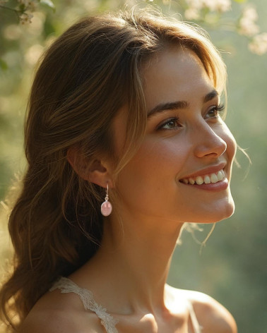 925 Sterling Silver Pink quartz Oval Shape Earrings