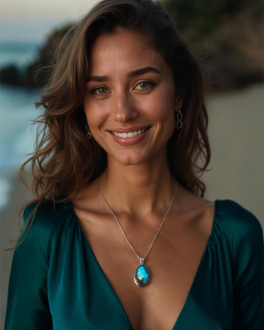 JANA Pendant worn: Enhance your neckline with the unique brilliance of labradorite.
