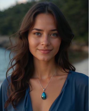 Elegancia natural – Colgante de labradorita sobre una silueta femenina, brillo cautivador