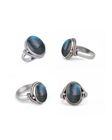 Anillo Aurora en plata 925 engastado con una labradorita con reflejos azul-verde - Joyería de protección