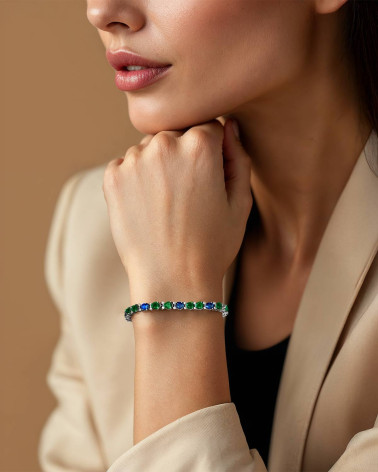 Pulsera de Plata 925 Rodiada con Esmeraldas y Zafiros - Modelo Annie