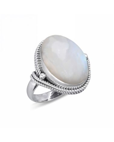 Bague cabochon en pierre de lune chaînage argent