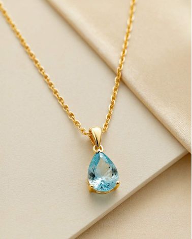 14K Gold Aquamarine Necklace Pendant Gold Chain included