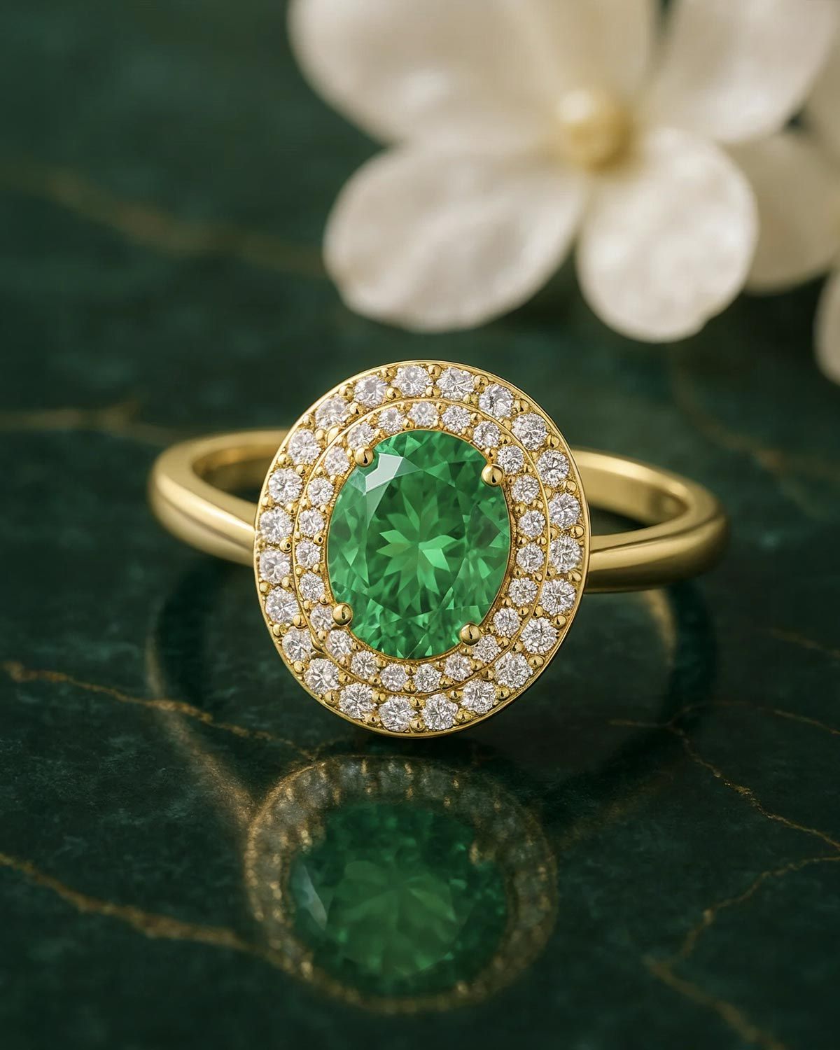 Gioiello su misura Aden - Anello in oro giallo con smeraldo del Mozambico e diamanti
