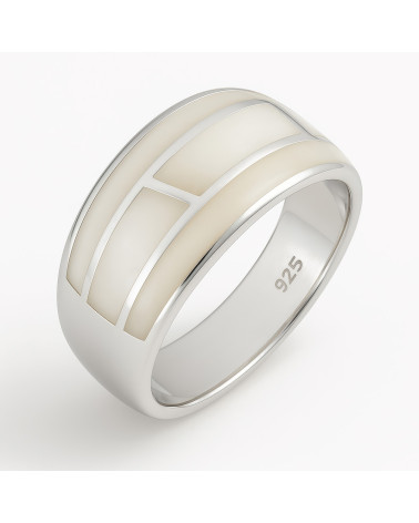 Bague de nacre blanche graphique sertie argent 925 millième