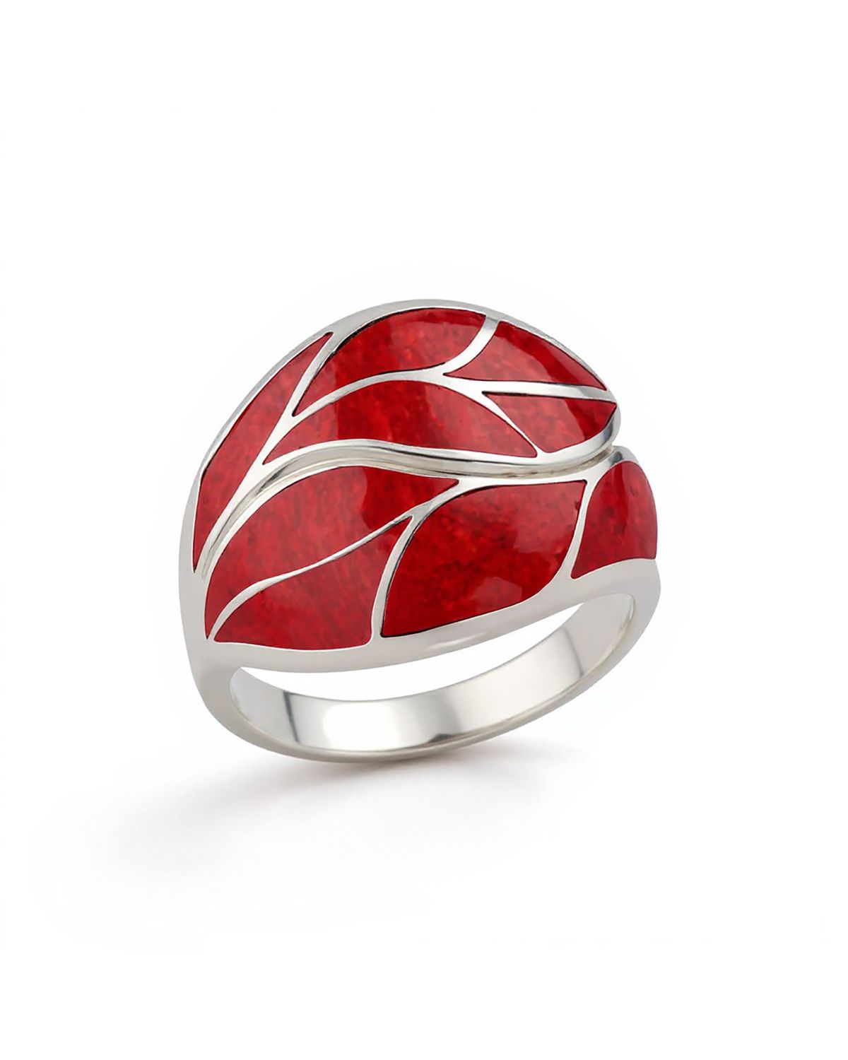 Korallen- und Sterlingsilberring 925 - Elegantes Blattmotiv