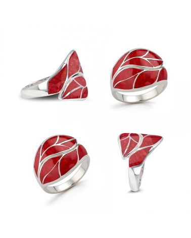 Korallen- und Sterlingsilberring 925 - Elegantes Blattmotiv