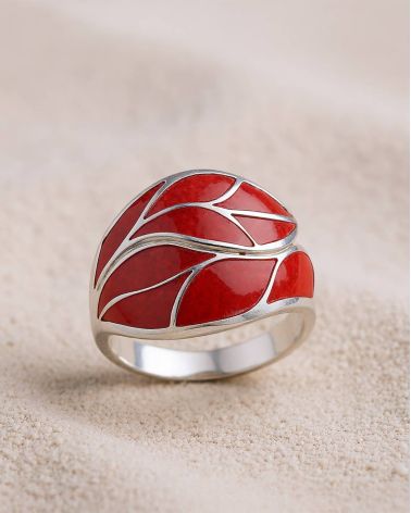 Coral and Sterling Silver Ring 925 - Elegant Leaf Motif