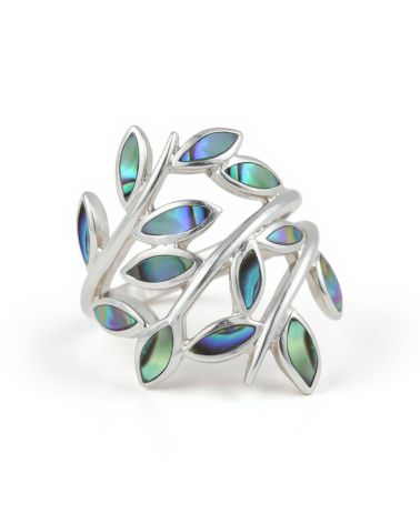 Bague en nacre abalone forme pétales sertie sur argent 925, reflets irisés multicolores